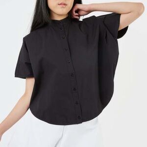 Meg Short Sleeve Round Hem Button Down Shirt Black